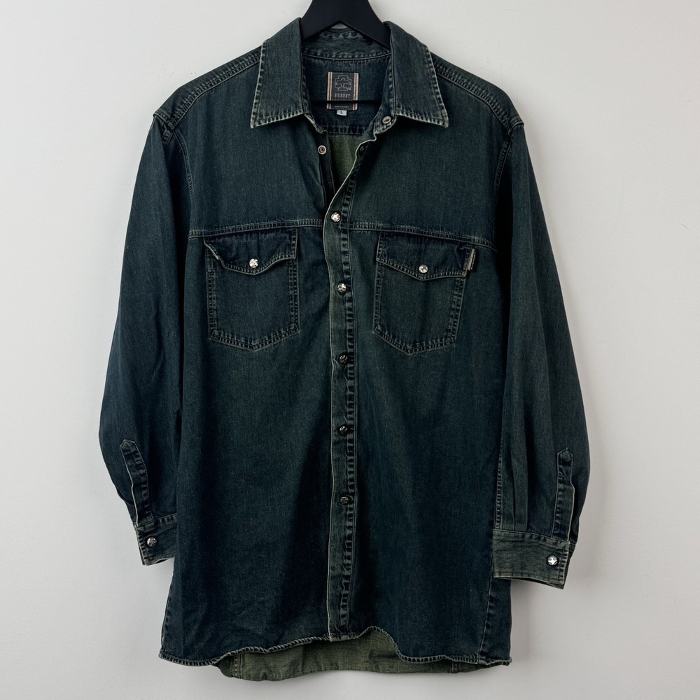 Robert Comstock Snap Button Up Shirt Mens L Blue Dark Denim Cotton Italy Made
